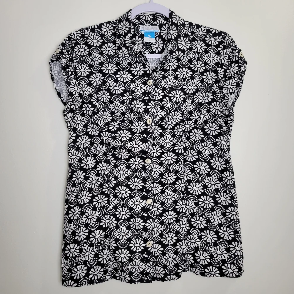 Columbia Geometric Abstract Cap Sleeves Floral Print Black Shirts M - Picture 1 of 8